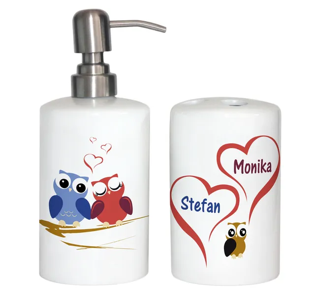 geschenke364-kerzenhalter-badezimmerset-eulen-liebe-mit-namen-2-teilig image 1