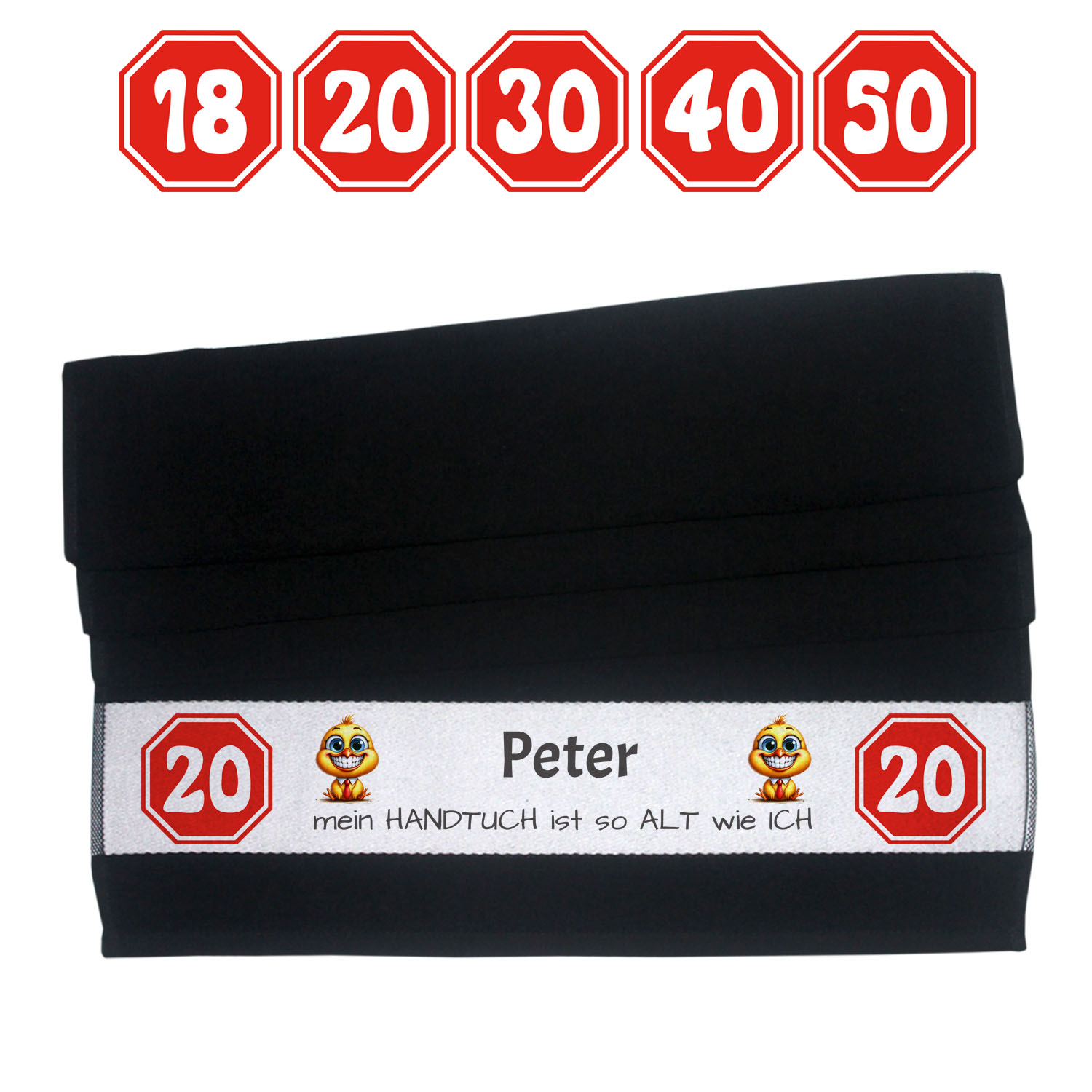 geschenke364-smile-handtuch-schwarz-50x100-mit-name-geburtstag image 1