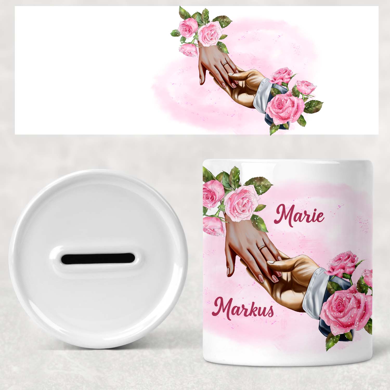 geschenke364-spardosen-hand-in-hand-spardose-hochzeit-mit-namen-keramik image 1