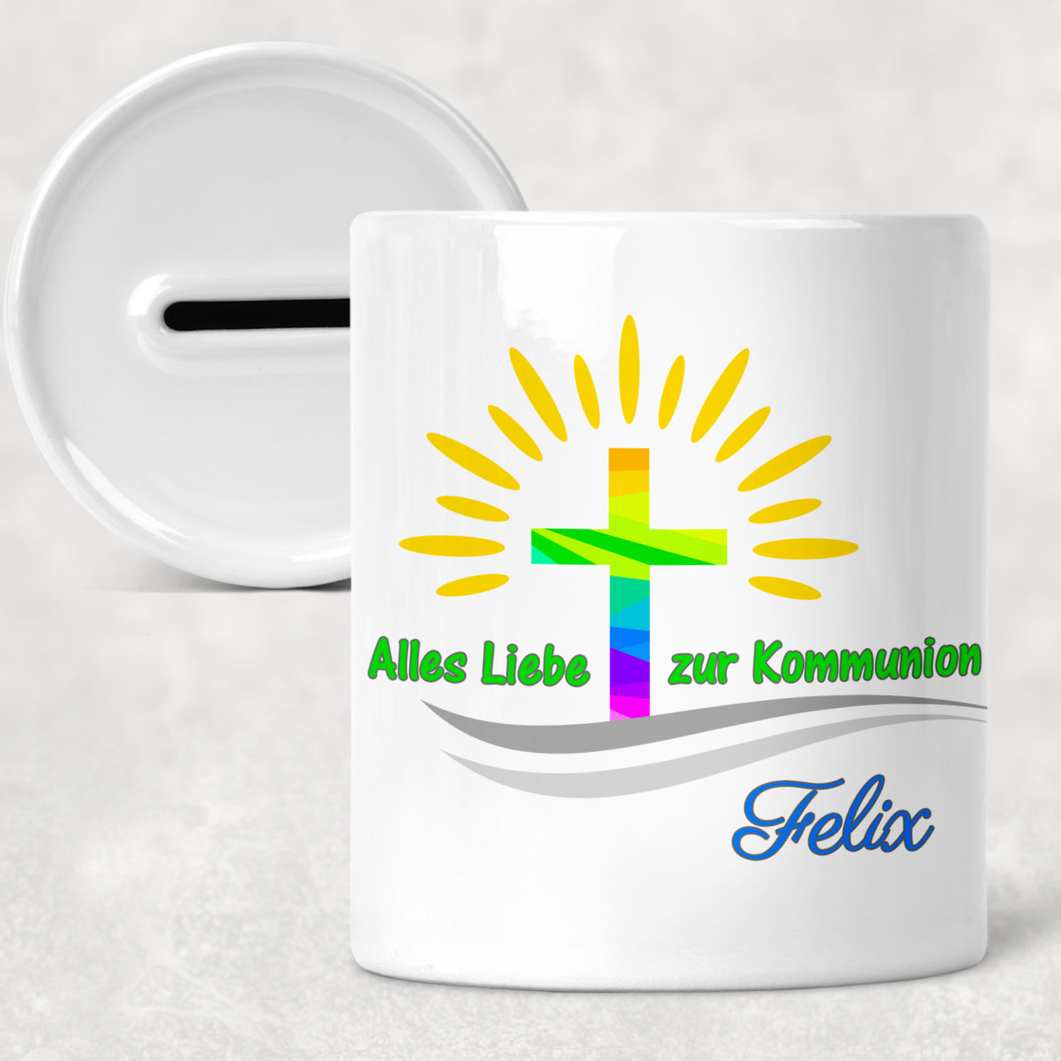 geschenke364-spardose-kommunion-buntes-kreuz-mit-namen image 1