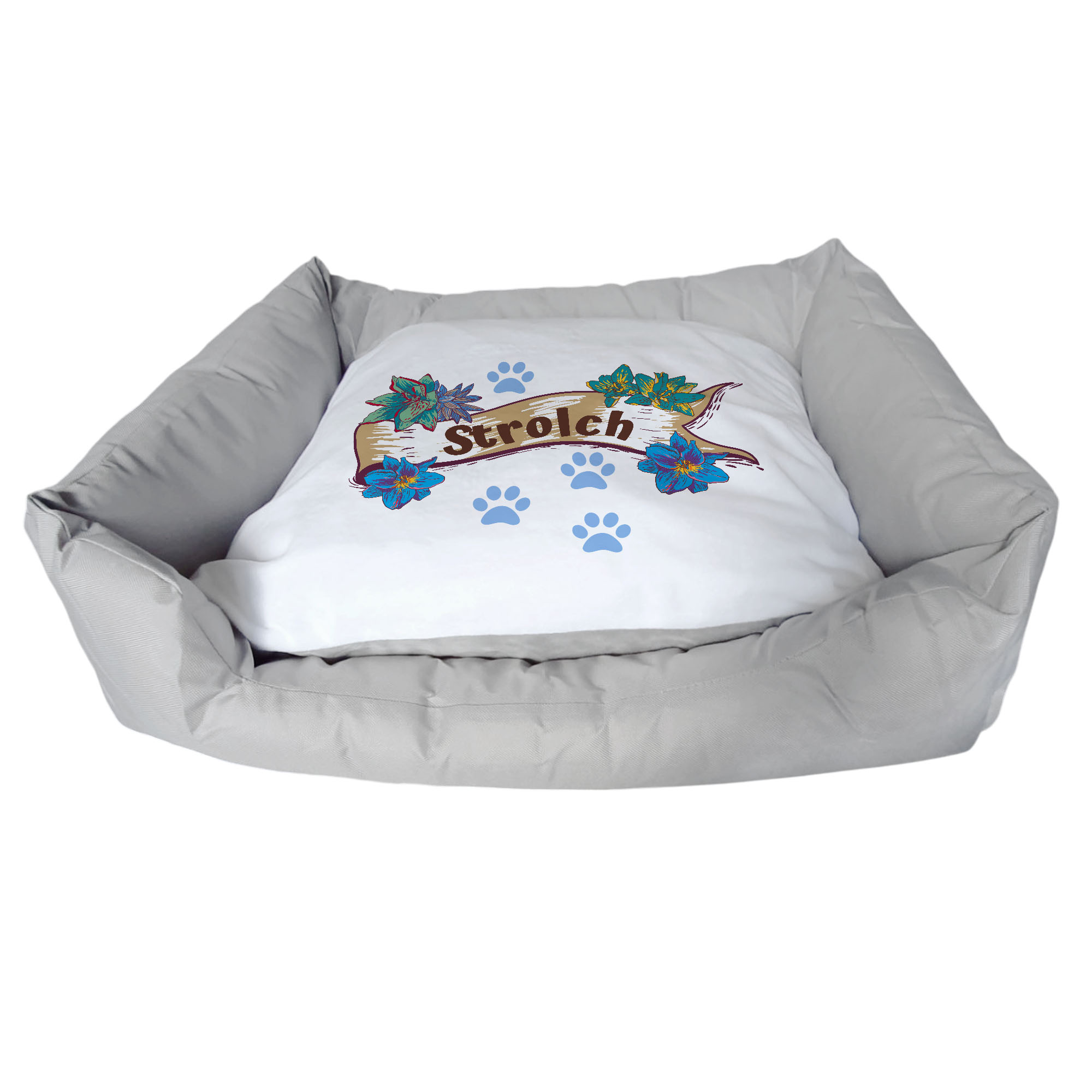 geschenke364-k-rbchen-hundebett-mit-name-blumen-blau-65x55-cm image 1
