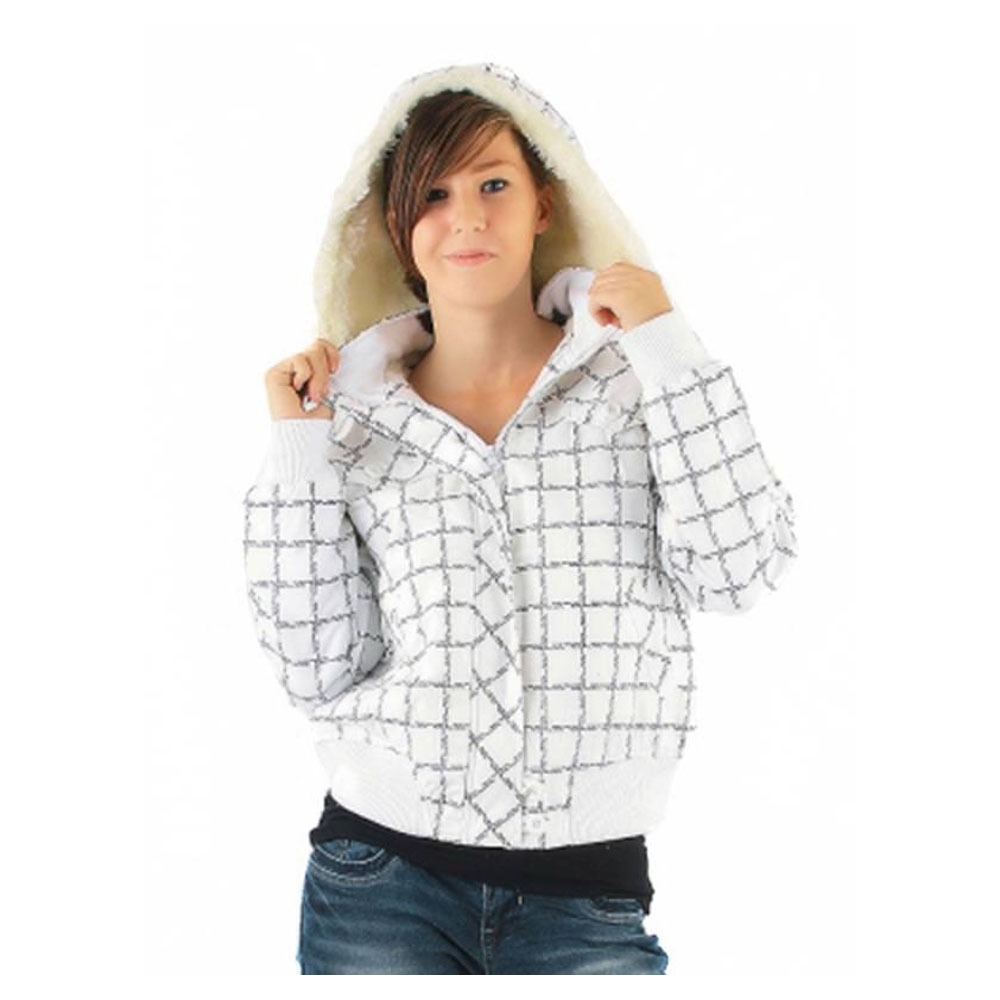 geschenke364-damenmode-kurze-jacke-fellgef-ttert-kapuze-karo-wei image 2