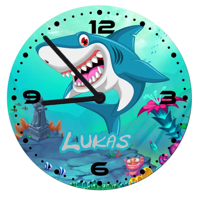 geschenke364-uhren-wanduhr-mit-name-hai-unterwasserwelt-personalisiert-20-cm image 1