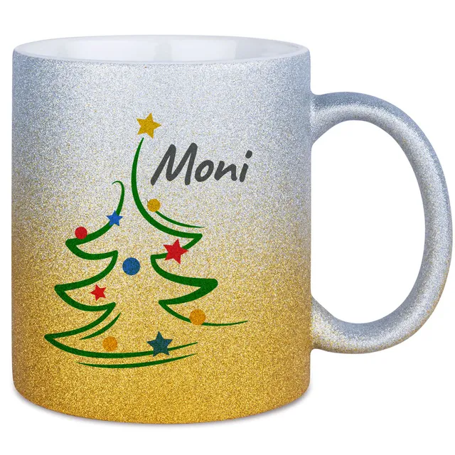 geschenke364-glitzertasse-weihnachtsbaum-tasse-mit-name-330-ml-silber image 1