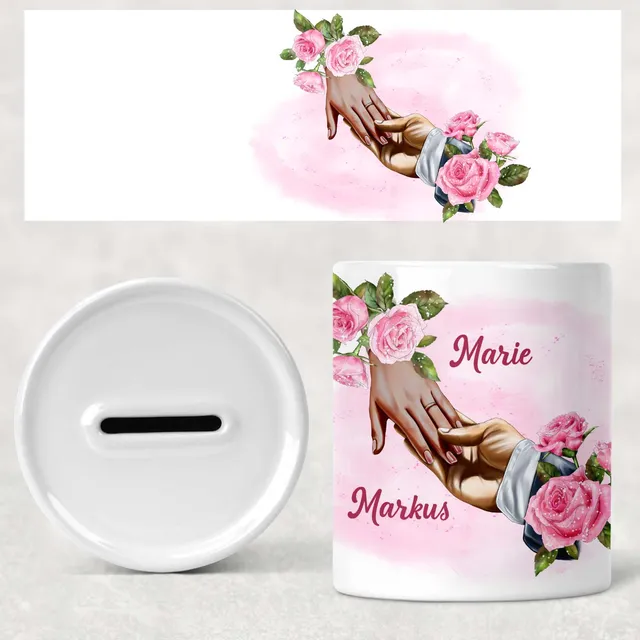 geschenke364-spardosen-hand-in-hand-spardose-hochzeit-mit-namen-keramik image 1