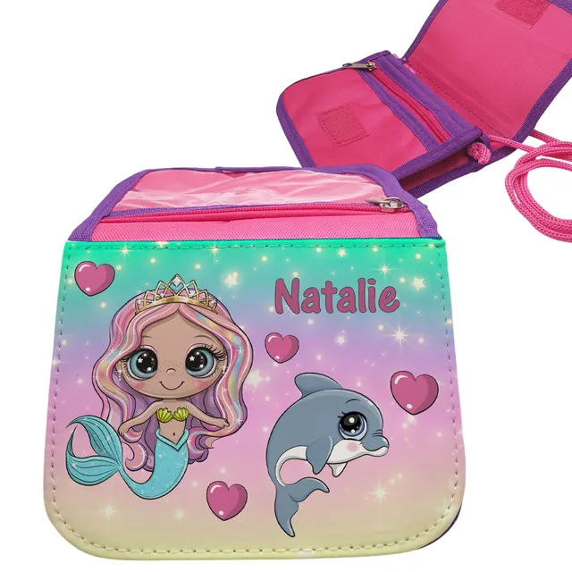 geschenke364-geldbeutel-brustbeutel-meerjungfrau-delfin-rosa-mit-name image 1