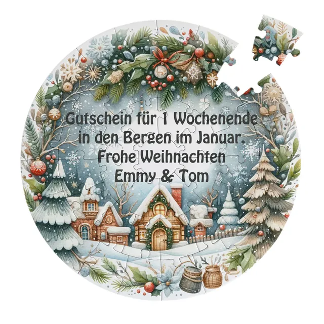 geschenke364-puzzle-weihnachtsdorf-rund-46-teile-mit-wunschtext image 1