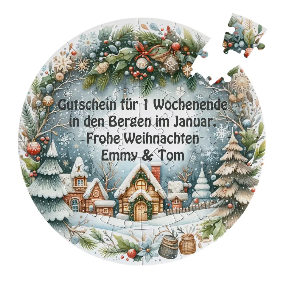 geschenke364-puzzle-weihnachtsdorf-rund-46-teile-mit-wunschtext image 1