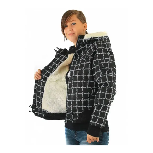 geschenke364-damenmode-kurze-jacke-karo-schwarz-fell-gr-m image 1
