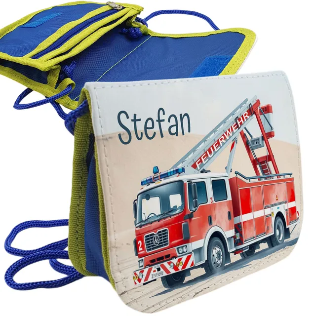 geschenke364-geldbeutel-brustbeutel-feuerwehrauto-blau-gelb-mit-name image 1