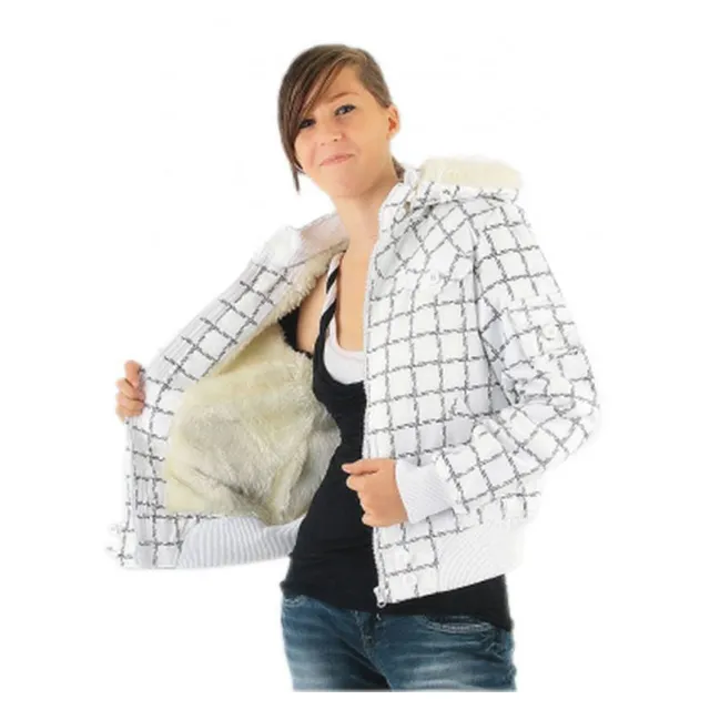 geschenke364-damenmode-kurze-jacke-fellgef-ttert-kapuze-karo-wei image 1