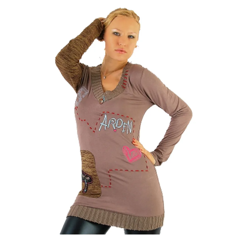 geschenke364-long-pullover-print-braun-rot-gr-s-m-v-ausschnitt image 1