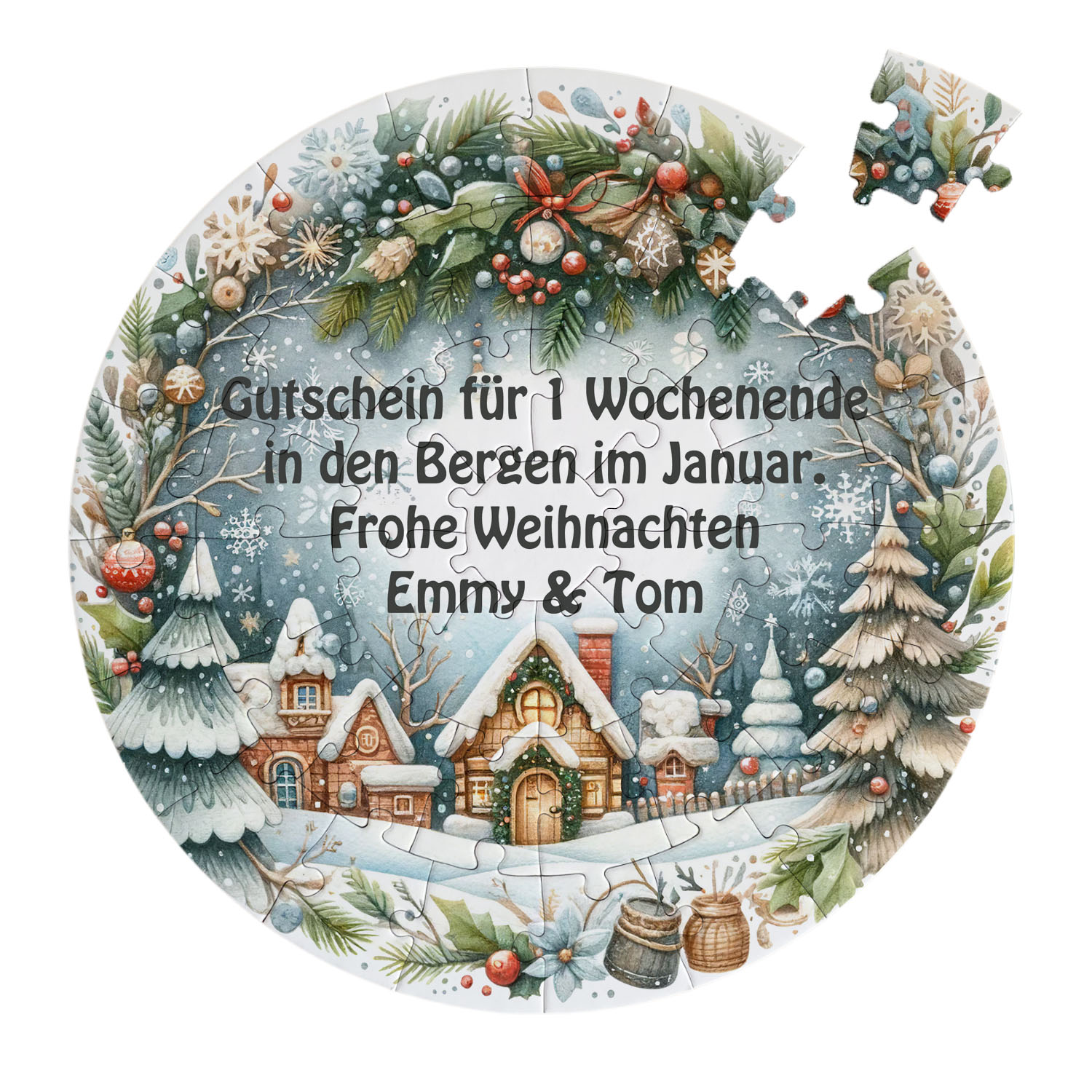 geschenke364-puzzle-weihnachtsdorf-rund-46-teile-mit-wunschtext image 1