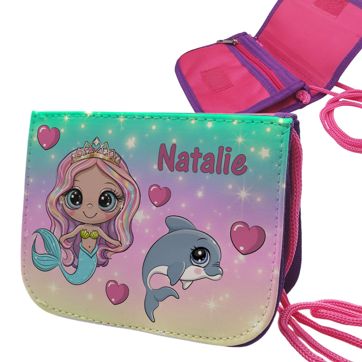 geschenke364-geldbeutel-brustbeutel-meerjungfrau-delfin-rosa-mit-name image 2