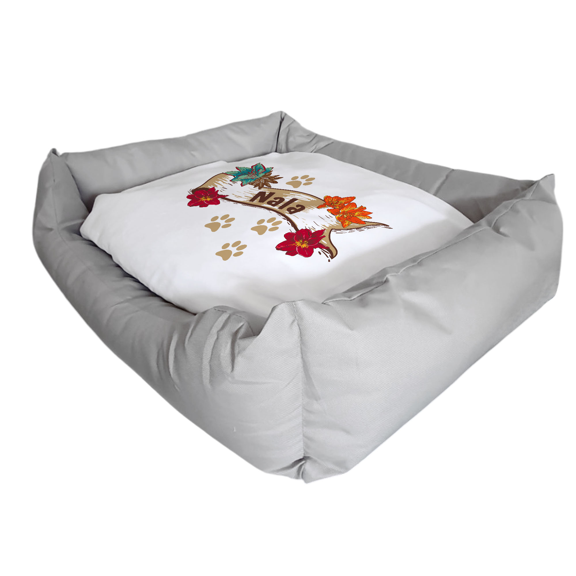 geschenke364-k-rbchen-hundebett-blumen-rot-mit-name-65x55 image 1