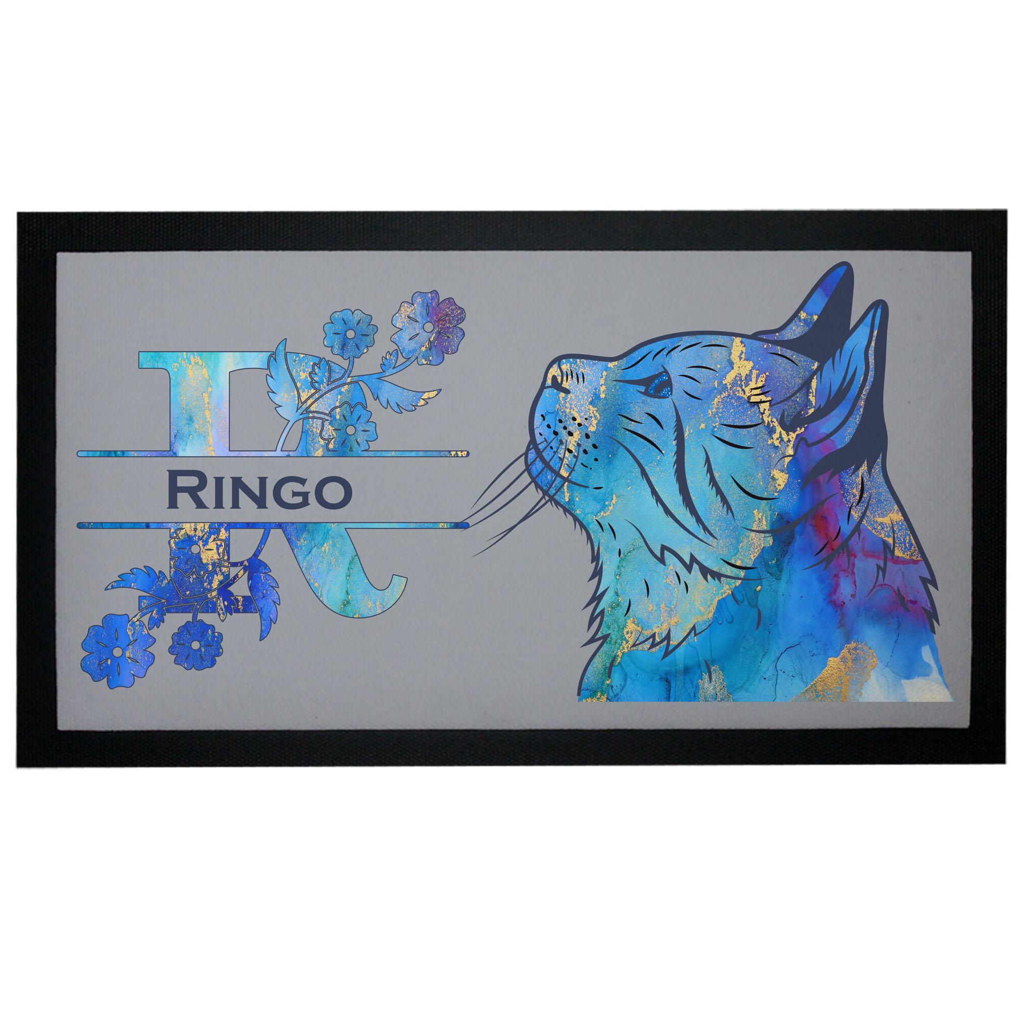 geschenke364-futtermatte-napfunterlage-katze-floral-blau-gold-mit-name image 1